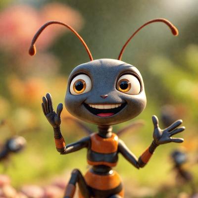 The primary subject of the image is a cartoon-like insect, possibly a bee or a grasshopper, with a big smile on its face. The insect is standing in a field with flowers, creating a lively and cheerful atmosphere. The visual style of the image is a combination of photo and digital art, giving it a unique and creative appearance. The colors used in the image are predominantly orange and yellow, which adds to the insect's cheerful and friendly demeanor.